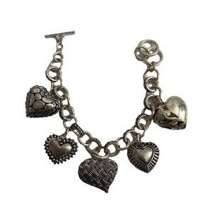 Silver Tone Heart Charm Bracelet Jingly Ornate Toggle Clasp Valentines